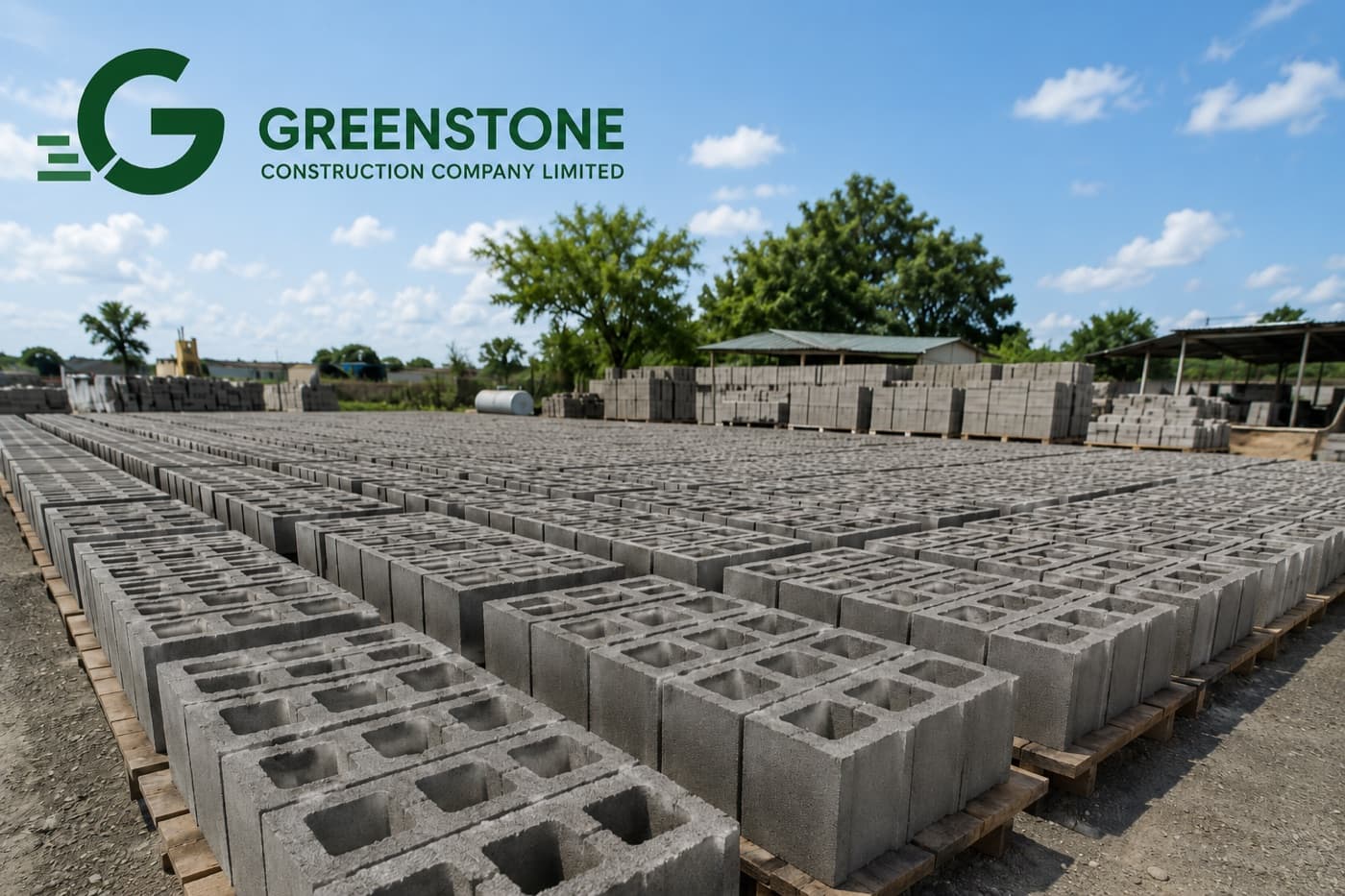 Greenstone yard stocked with rows of hollow blocks